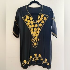 Embroidered Black and Gold Vintage Women's Mini Kaftan